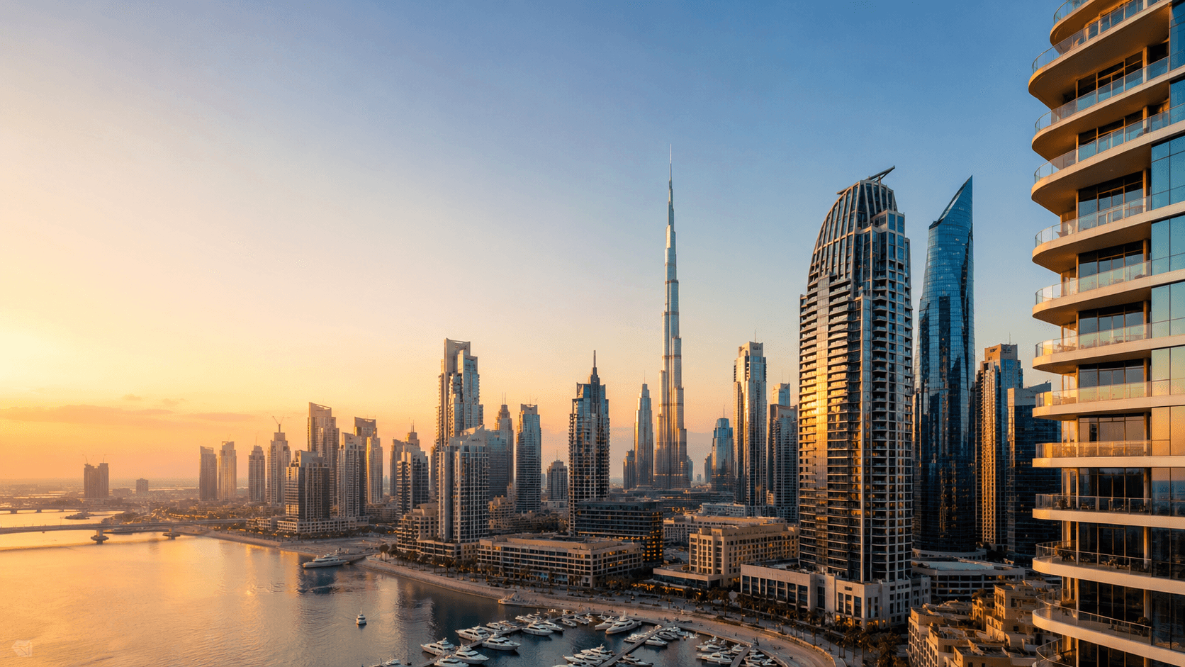 Downtown Dubai skyline at golden hour, with the Burj Khalifa rising above the canal and surrounding towers.